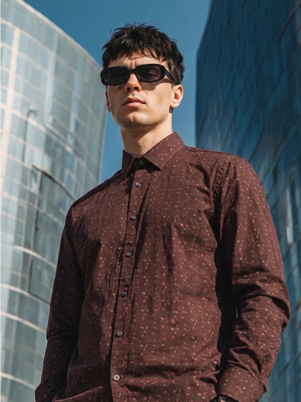Express Men's Burgundy Printed Button-Down Shirt